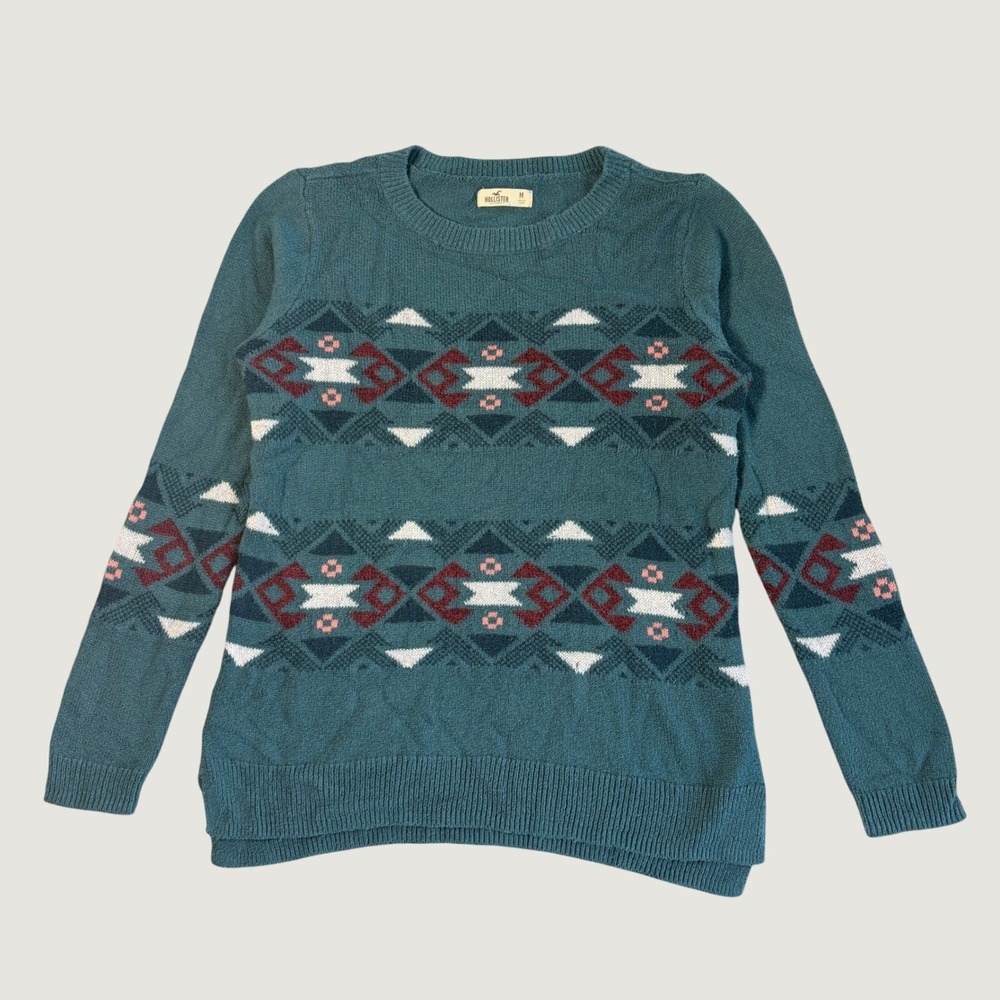 Hollister Womens Teal Blue Southwestern Geometric Knit Crewneck Sweater Size M